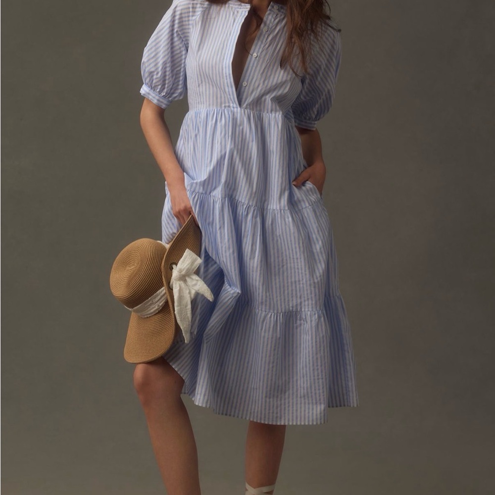 English Factory Puff-Sleeve Tiered Midi Dress